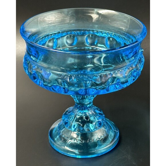 Indiana Glass King's Crown Turquoise Blue Glass Candy Dish Pedestal Bowl - Picture 4 of 7